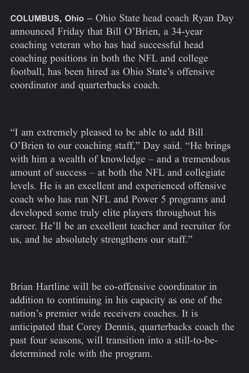 Ryan Day and Ohio State have made the hiring of Bill O’Brien official. Brian Hartline will be the Buckeyes’ co-offensive coordinator in addition to his role as wide receivers coach. Corey Dennis will transition to a still-to-be-determined role with the program.