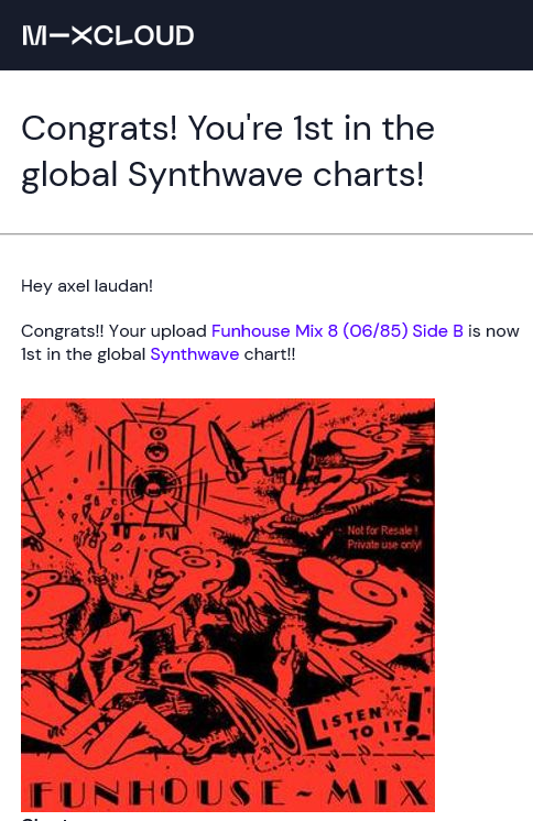 alaudan's tweet photo. I'm 1st in the Synthwave chart https://t.co/98QIu61h1v #Synthwave via @mixcloud https://t.co/2Jx0gOQiOz