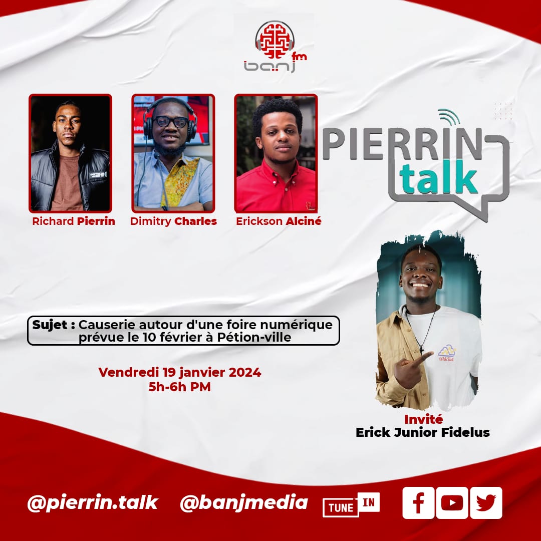 banjmedia's tweet photo. Emisyon PierrinTalk ap resevwa vandredi 19 janv 24 la sou #banjmedia, Erick Junior Fidelus, manb Wikitech, pou yon disksyon sou fwa nimerik k ap gen pou fèt pou jèn kreyatè nan mond dijital la. N ap envite w rete koneteke ak nou pou w ka konn dat la, ak anpil lòt bagay enteresan. https://t.co/PcYTCIe4R0