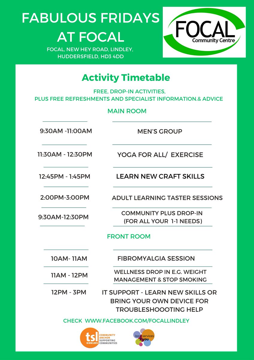 Kirklees Community Plus (@kirkleescomplus) on Twitter photo Starting next week at the Focal Centre #Lindley...
Fabulous Fridays!
A whole range of groups and activities across the day with @ls2y_group <a href="/ServiceWellness/">Kirklees Wellness Service</a> <a href="/Paddock_Trust/">Paddock Trust</a> and Community Plus Starting next week at the Focal Centre #Lindley...
Fabulous Fridays!
A whole range of groups and activities across the day with @ls2y_group <a href="/ServiceWellness/">Kirklees Wellness Service</a> <a href="/Paddock_Trust/">Paddock Trust</a> and Community Plus