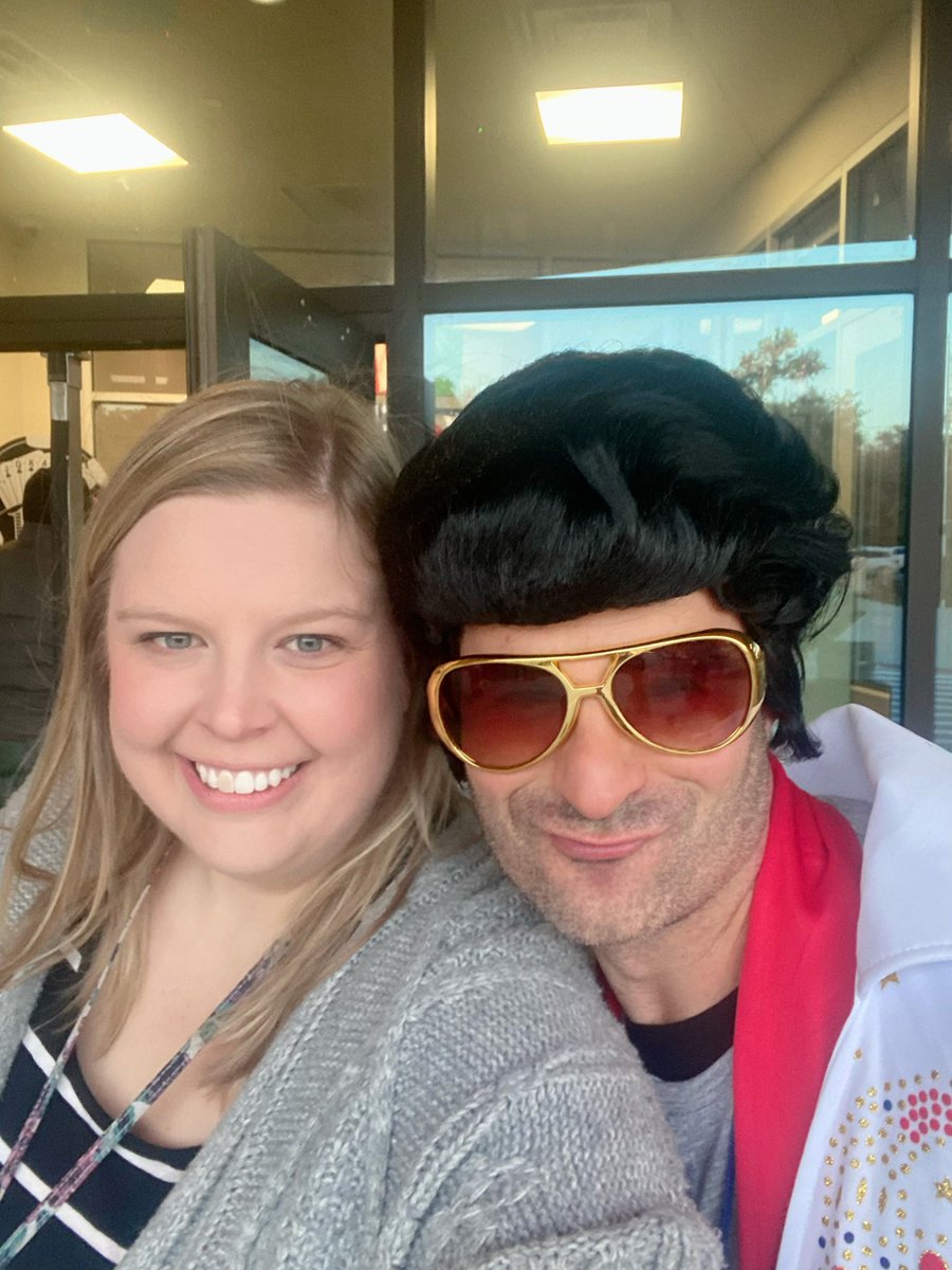 CleverCounselor's tweet photo. What a fun Friday morning at Doss with Elvis presenting “Viva Doss Vegas” as our Spring Party theme! @Sheridan4T @DossPTA https://t.co/zGyXkdJQi3