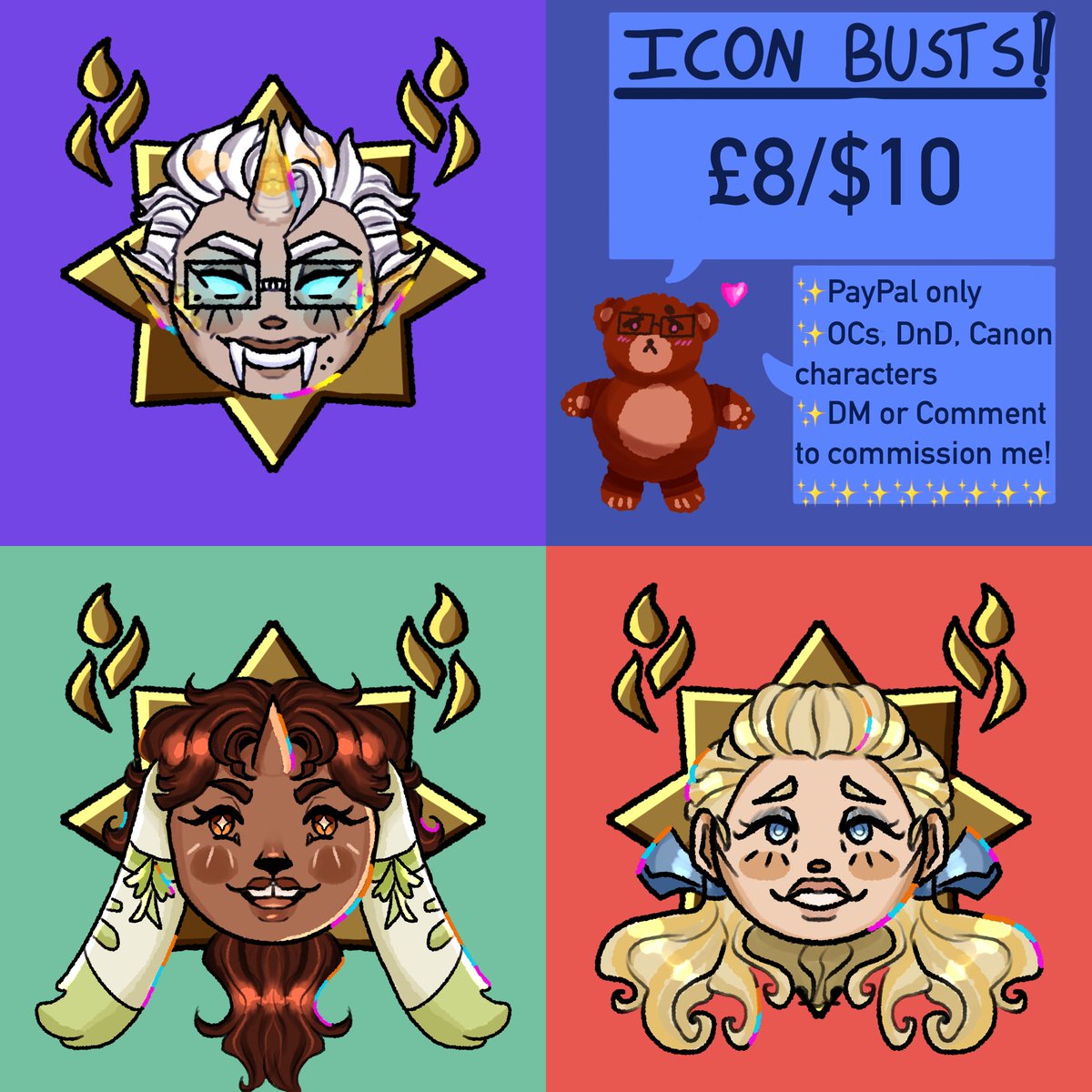 Comm sheet, another one! I’ll link it under pinned post too ofc
Hades style icon busts now available 💜✨