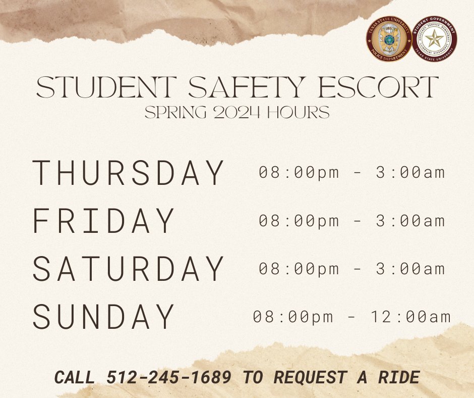 Need a safe ride Bobcats! Use the FREE Student Safety Escort program! To learn more about the program, visit here: police.txst.edu/programs-and-s…