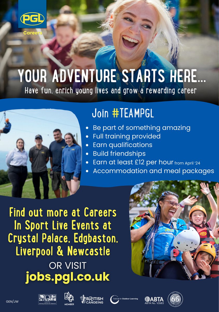 Your job should be an adventure too... Discover why a career with PGL is an adventure like no other. As part of Team PGL you will make a real difference to the lives of children through creating unforgettable outdoor learning experiences. jobs.pgl.co.uk @pgljobs