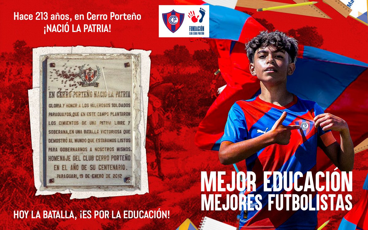 FCCPoficial's tweet photo. 📖 ¡Desde la Fundación CCP y el Club Cerro Porteño vamos a seguir haciendo historia! Hoy es un día importante para nuestro país, porque se conmemora el Día de la Batalla de Cerro Porteño, que sentó las bases para la independencia, la soberanía y la libertad. https://t.co/WWFQ6958Z4
