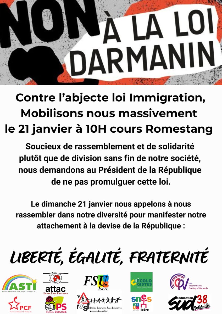Contre l'abjecte #LoiImmigration, mobilisons nous ce dimanche 21 janvier à 10h Cours Romestang à #vienne38 #isere #aura #loidarmanin #LoiMigration #SolidaritéMigrants 🤝
