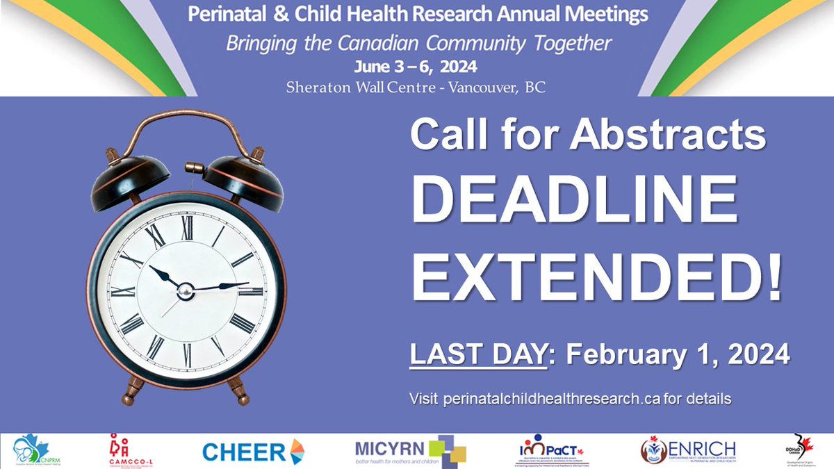 Haven't had a chance to submit your abstract for the #CNPRM2024 and @Dohadcanada yet? The call for abstracts has been extended! New deadline: February 1, 2024. Check out the website for more info! perinatalchildhealthresearch.ca/call-for-abstr…