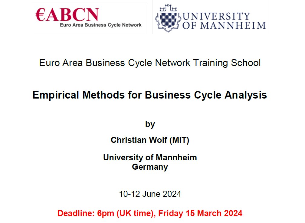 Eleonora Granziera (@elegranziera) on Twitter photo You can now submit your application to the latest EABCN Training School: "Empirical Methods for Business Cycle Analysis" by <a href="/ChristianKWolf/">Christian Wolf</a>, Manheim, June 10-12 2024
eabcn.org/sites/default/… You can now submit your application to the latest EABCN Training School: "Empirical Methods for Business Cycle Analysis" by <a href="/ChristianKWolf/">Christian Wolf</a>, Manheim, June 10-12 2024
eabcn.org/sites/default/…