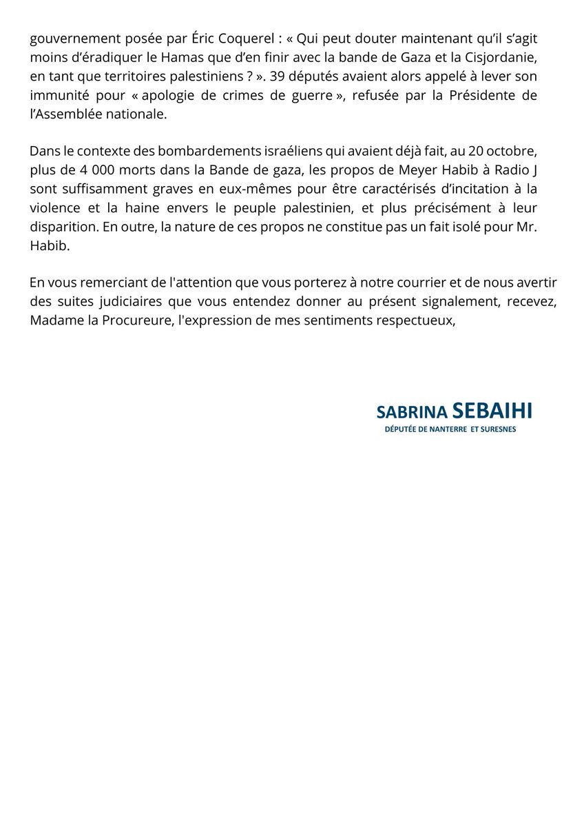 SabrinaSebaihi's tweet photo. Je saisis la Procureure de la République de Paris au sujet des propos de @Meyer_Habib tenus le 20 octobre dernier sur « Radio J ». 

Il est inacceptable de laisser un représentant de la Nation inciter à la haine et la violence envers le peuple palestinien. https://t.co/RSww8OnoNl