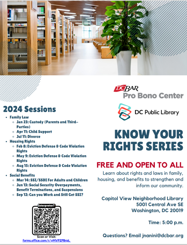 We are delighted to introduce a new Know Your Rights Library Series with the DC Public Library @dcpl. The first session on January 23 at 5:00 p.m. will focus on family law. Each monthly session will be hosted at the Capitol View Neighborhood Library in Ward 7. #DCFamilyLaw