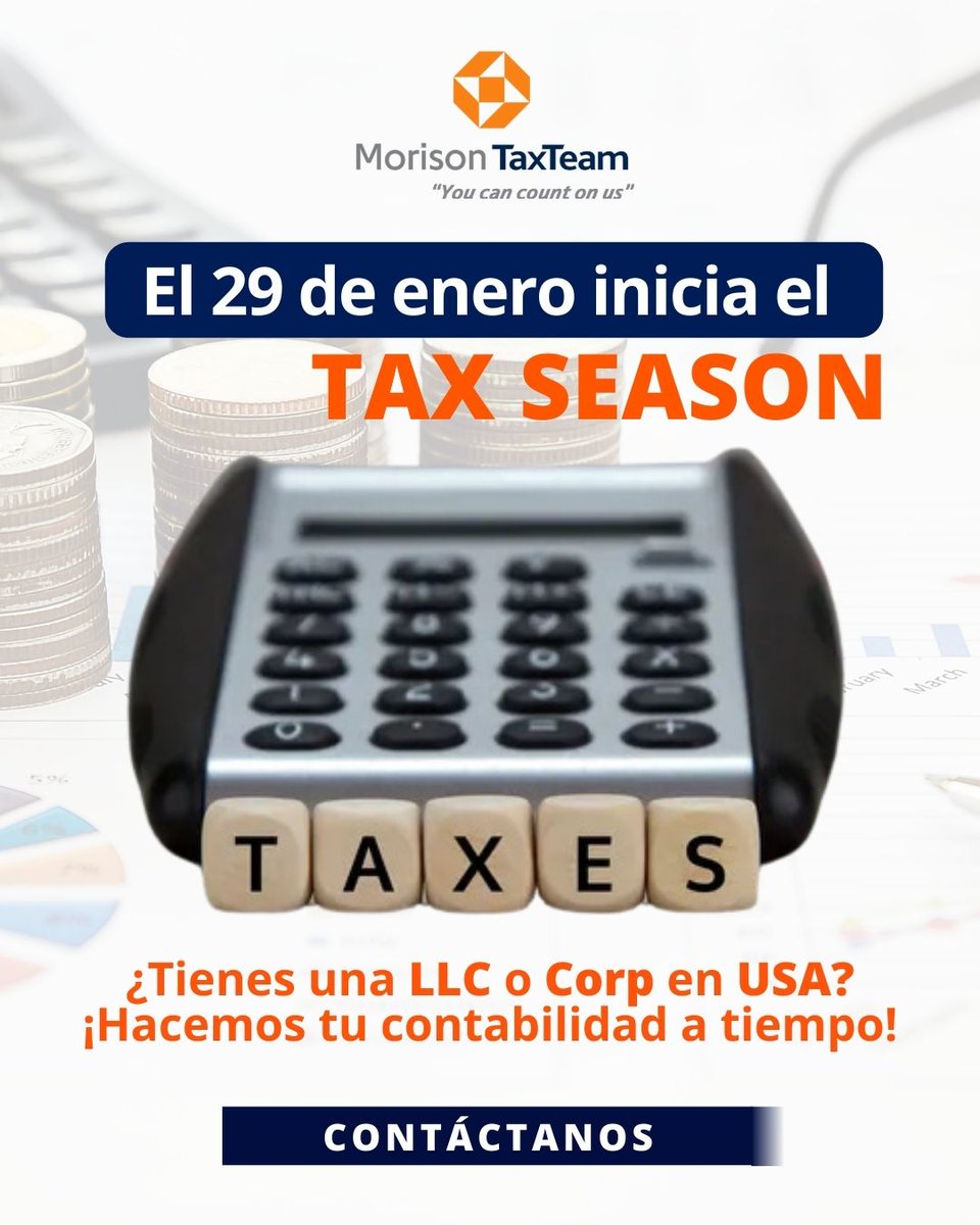 morisontaxteam's tweet photo. ¿Ya tienes listos tus Taxes? Si tienes una LLC o Corp en USA⁣⁣ no lo dejes para última hora.⁣⁣

El 29 de enero empieza el TAX SEASON

Contáctanos y te asesoramos.
https://t.co/Ni7CR5igTD https://t.co/XvQypLQy5I