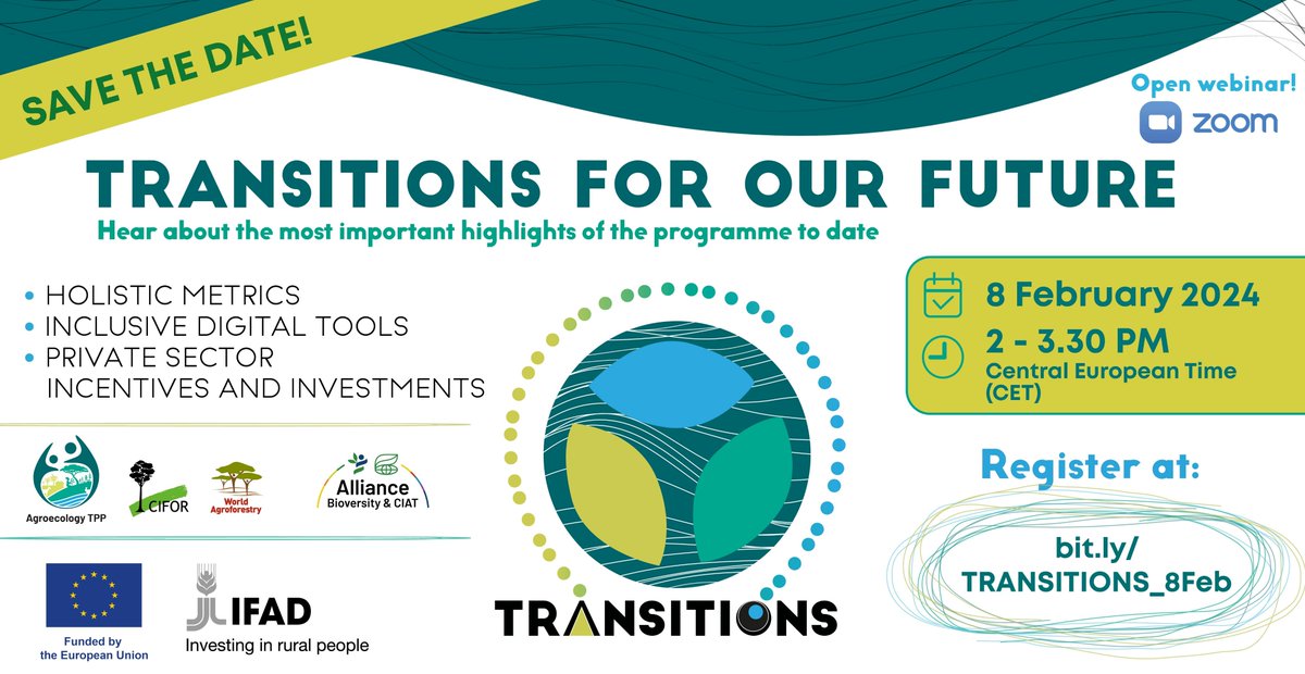 Join implementing partners of the TRANSITIONS program to discuss program highlights

🗓️ 8 Feb
⏰ 2-3:30pm CET
✍️ bit.ly/TRANSITIONS_8F…

TRANSITIONS works to scale up #agroecology with improved metrics, #DigitalTools & public-private incentives & investment

#aeTPP #FoodSystems