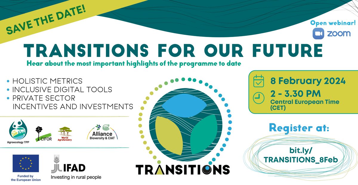 Join implementing partners of the TRANSITIONS program to discuss program highlights

🗓️ 8 Feb
⏰ 2-3:30pm CET
✍️ bit.ly/TRANSITIONS_8F…

TRANSITIONS works to scale up #agroecology with improved metrics, #DigitalTools &amp; public-private incentives &amp; investment

#aeTPP #FoodSystems