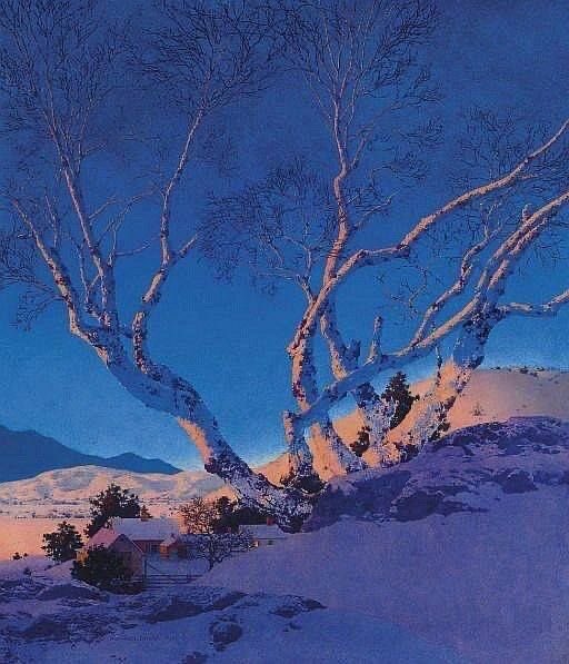 ‘White Birches, Winter 1951’ by Maxfield Parrish (1870-1966) colour drenched beauty. Love his work