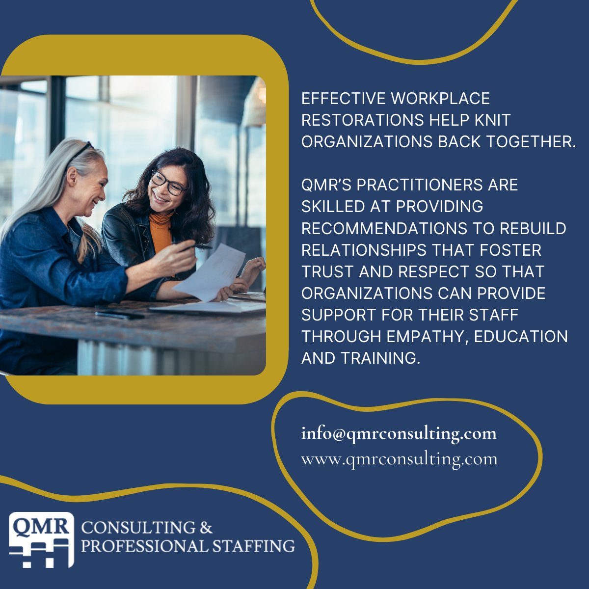 QMRconsulting's tweet photo. Workplace Restorations can help rebuild relationships, restore trust and respect, and provide support to employees after a complaint. QMR’s Practitioners can help establish a culture of inclusivity, respect, and trust among employees.
Take the first step - info@qmrconsulting.com https://t.co/Be6eDgdR16