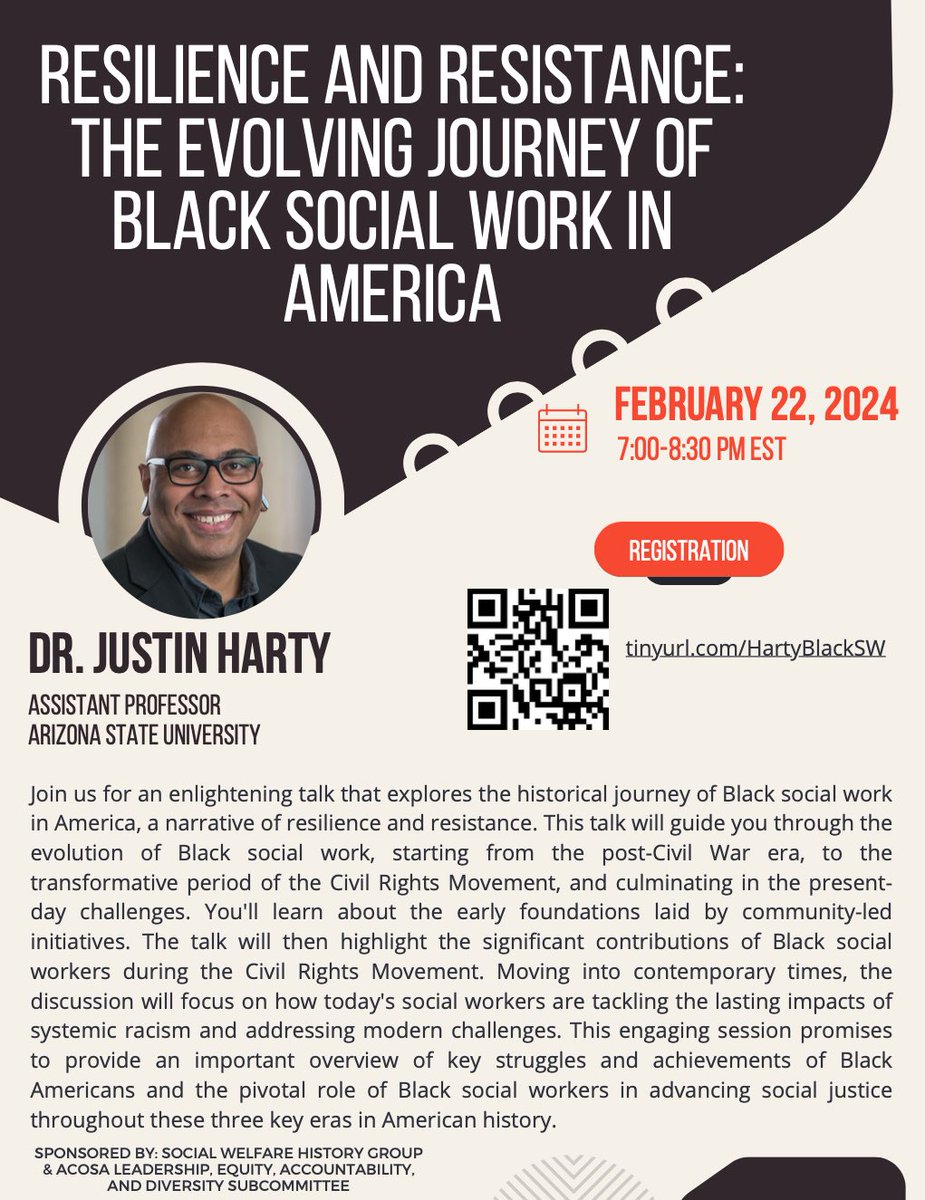 Justin Harty (@justinsharty) on Twitter photo Join us for the "Resilience and Resistance" webinar on 2/22, 7p, ET. Explore the historical journey of Black social work from Civil War to present-day. Co-sponsored by <a href="/acosaorg/">ACOSA</a> & <a href="/SWHG1956/">Social Welfare History Group</a>. Register: tinyurl.com/HartyBlackSW #MacroSocialWork #SocialWork #BlackHistoryMonth Join us for the "Resilience and Resistance" webinar on 2/22, 7p, ET. Explore the historical journey of Black social work from Civil War to present-day. Co-sponsored by <a href="/acosaorg/">ACOSA</a> & <a href="/SWHG1956/">Social Welfare History Group</a>. Register: tinyurl.com/HartyBlackSW #MacroSocialWork #SocialWork #BlackHistoryMonth