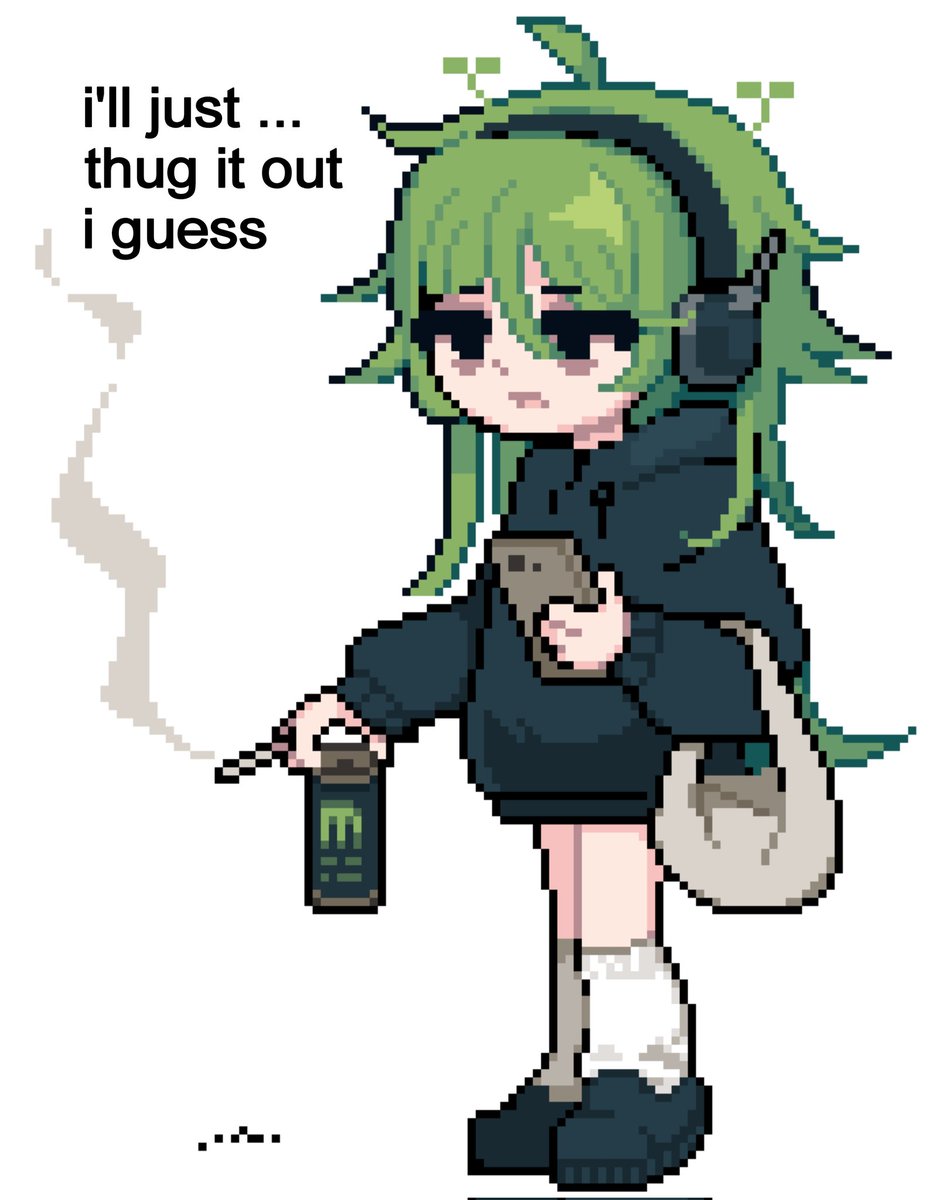 1girl holding solo green hair hood cigarette hoodie  illustration images