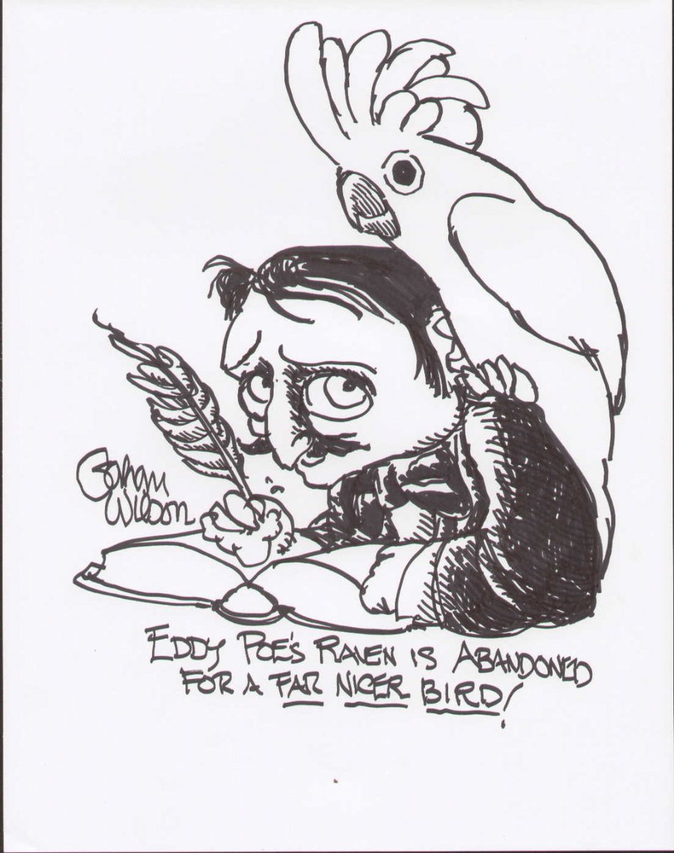 KlarkashT's tweet photo. [Edgar Allan Poe, BOTD in 1809, with his raven and his cockatoo (courtesy of Gahan Wilson).] https://t.co/wa7cL1giMB