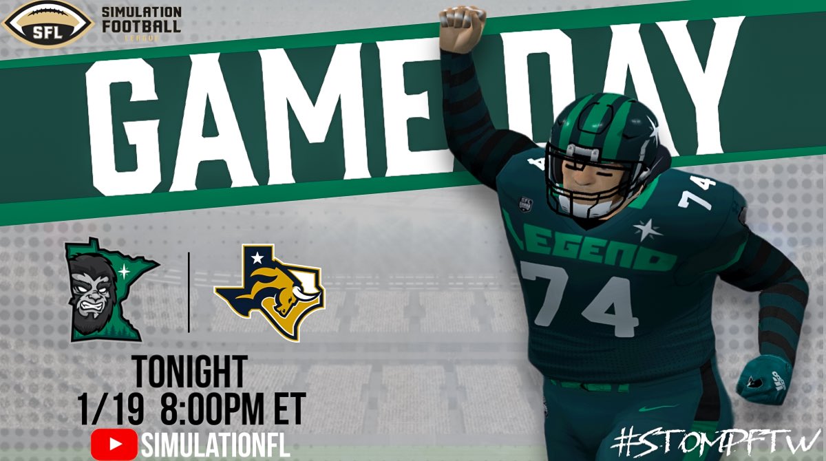 GAME DAY! We travel to Texas for our first game of the season tonight against the <a href="/FortWorthToros/">Fort Worth Toros</a>. We’ve been waiting all offseason for this! <a href="/simulationfl/">Simulation Football League</a> #Believe #StompFTW #S22 #SFL #YouTube #AlwaysWatching #eSports 

⏰ 8:00 PM ET
📺 youtube.com/live/yvdgr_AML…