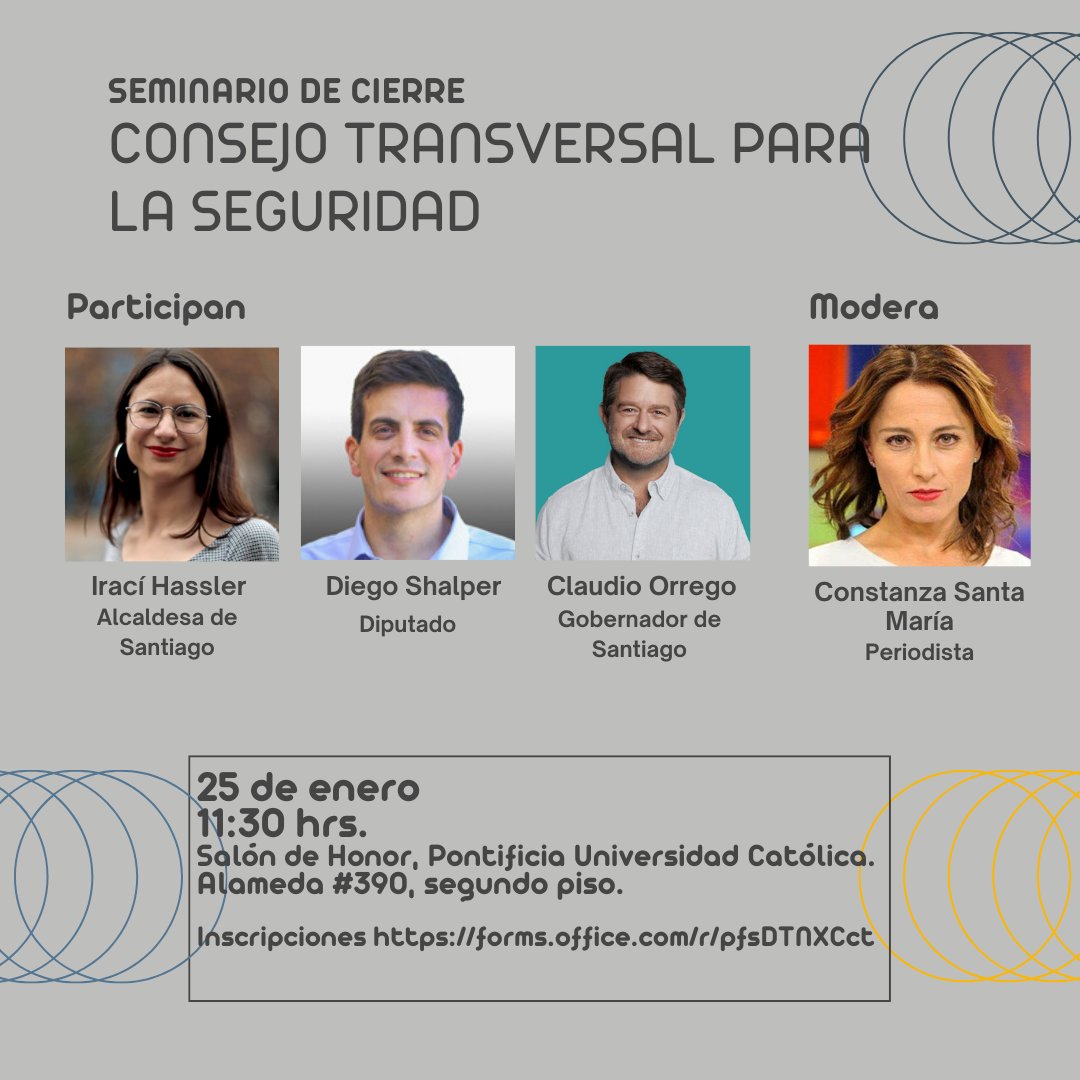 🗓️El jueves 25 de enero a las 11:30 tendremos un seminario para hablar sobre #seguridad con palabras de bienvenida de <a href="/LuisCorderoVega/">Luis Cordero Vega</a>. Y un debate con <a href="/IraciHassler/">Irací Hassler Jacob</a>, #DiegoShalper y <a href="/Orrego/">Claudio Orrego L.</a>, moderado por la periodista #ConstanzaSantaMaria 
📝 forms.office.com/r/pfsDTNXCct