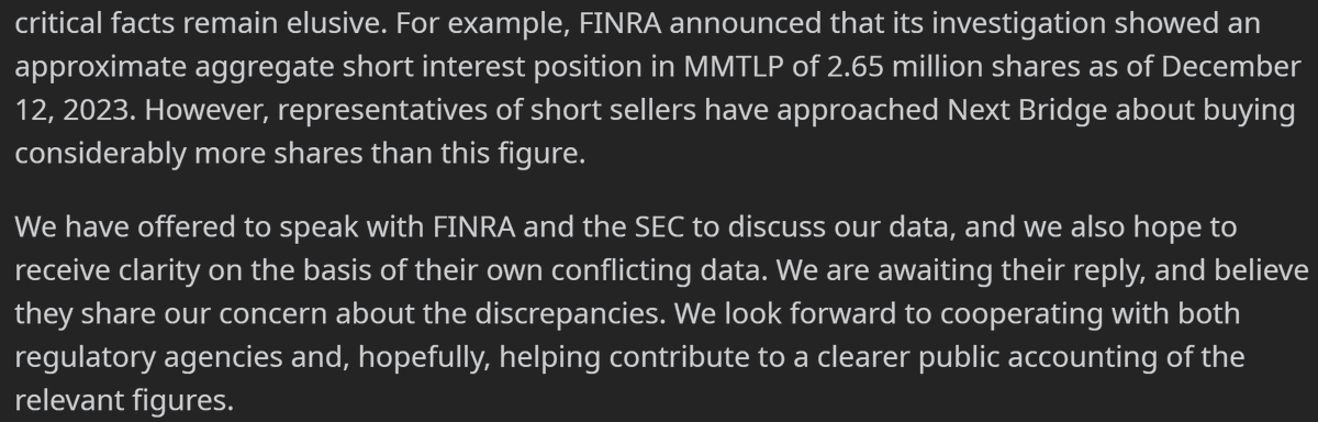 dlauer's tweet photo. In an announcement from Next Bridge, they claim that "representatives of short sellers have approached Next Bridge about buying considerably more shares" than have been publicly reported as short. That's quite a statement - if true then transparency is needed from regulators. https://t.co/9WC4l3bhox