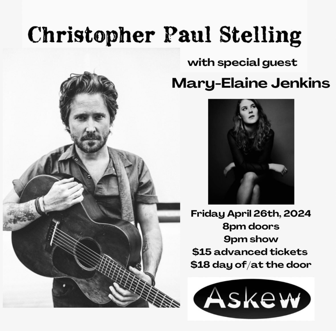 Excited to announce <a href="/C_P_Stelling/">Christopher Paul Stelling</a> return to <a href="/AskewProv/">Askew</a> on Friday 4.26.24 with special guest <a href="/MEJTweetin/">Mary-Elaine Jenkins</a> !!

8pm doors 
9pm show 
$15 advanced tix on sale now below 
$18 at the door/day of 

link.dice.fm/232aIDowuGb

CPS image by @thejoshuablackwilkins 

#askewprov