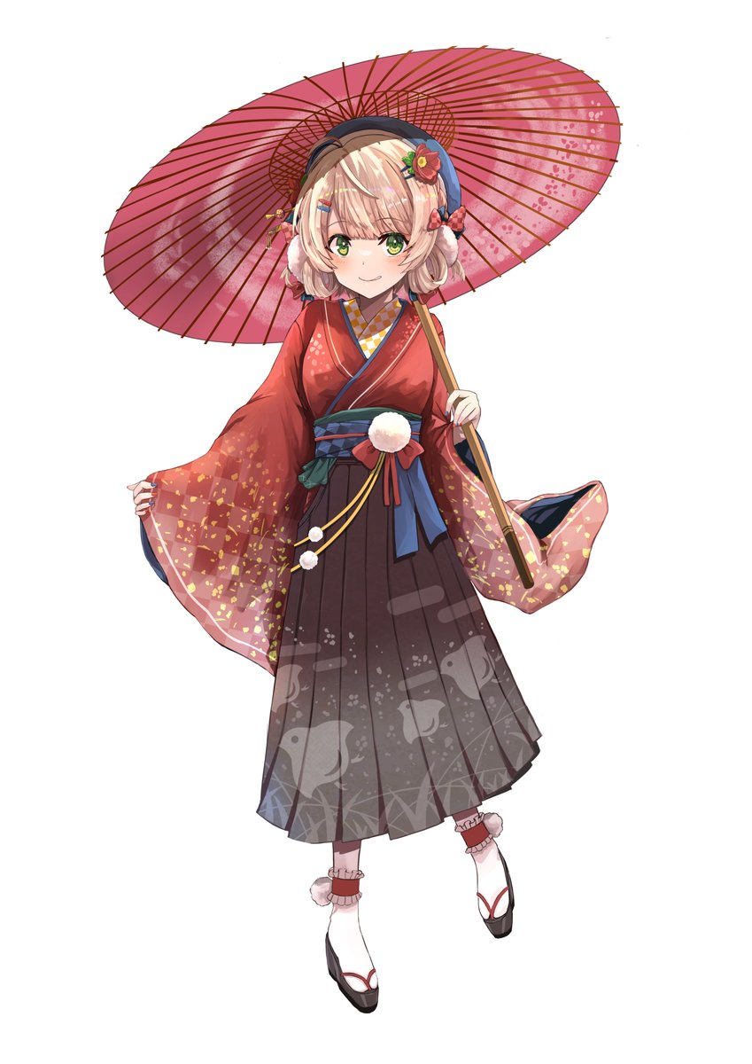 shigure ui (vtuber) 1girl japanese clothes solo green eyes hair ornament pom pom (clothes) umbrella  illustration images