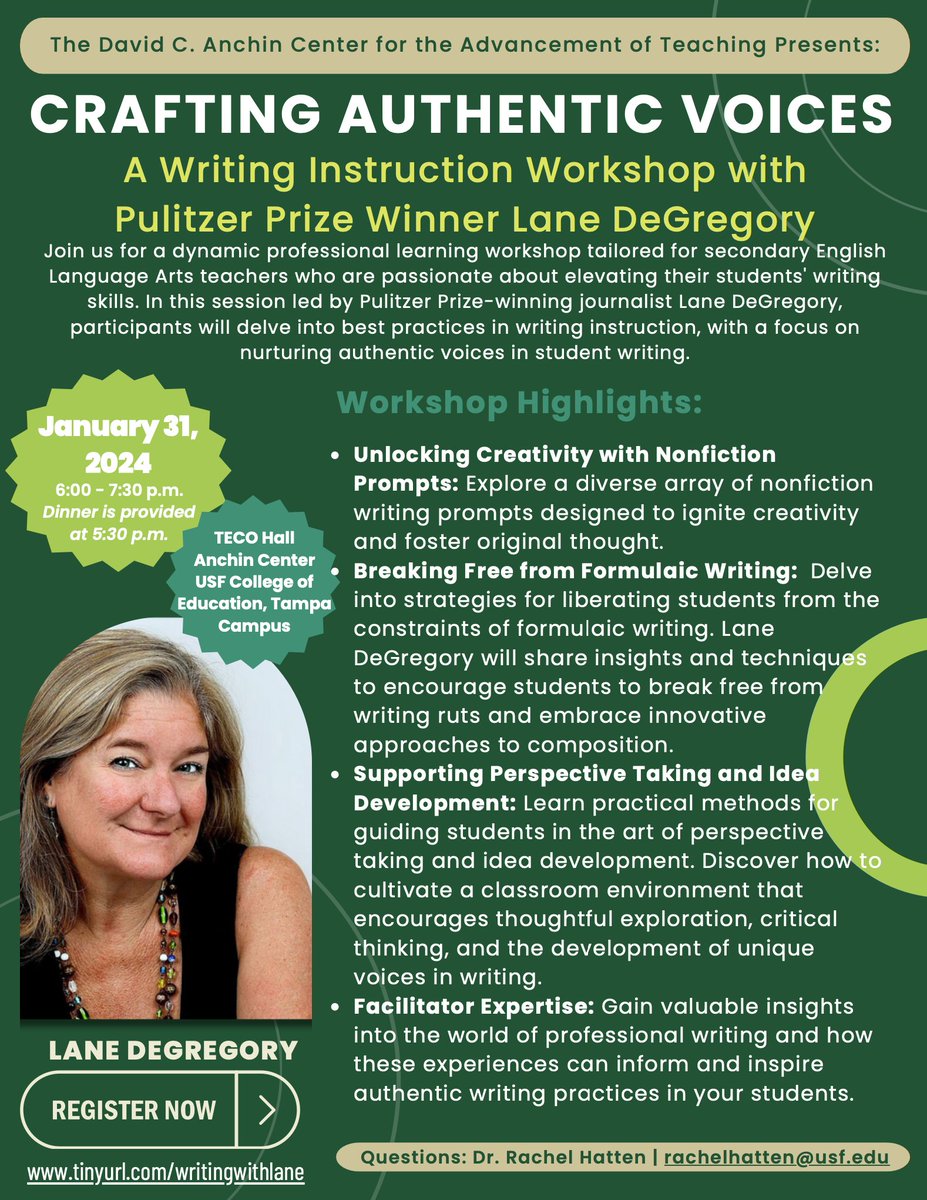 Join us and Pulitzer prize winning authory Lane DeGregory, January 31st from 5:30-7:30pm in TECO Hall for a writing workshop tailored for secondary English Language Arts teachers who are passionate about elevating their students' writing skills.

Register: bit.ly/47FjHmK