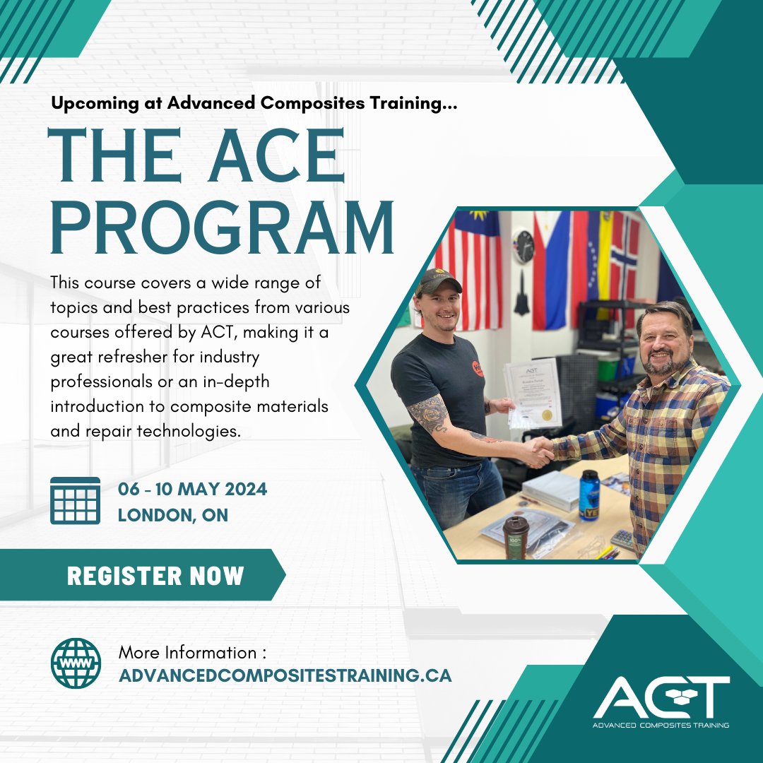 ACTComposites's tweet photo. Coming up in May is our Accelerated Composites Essentials Program! A perfect refresher course for industry professionals or for those looking for a fast, in-depth introduction to composite materials and repair technologies. https://t.co/BOuSrKefyK