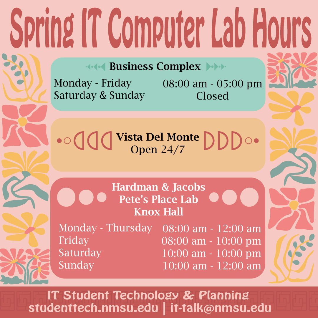 NMSU_UTSS's tweet image. Need a place to study, print, or use a computer? Use one of our computer labs on campus this spring!
..
#nmsu #studenttech #computerlab