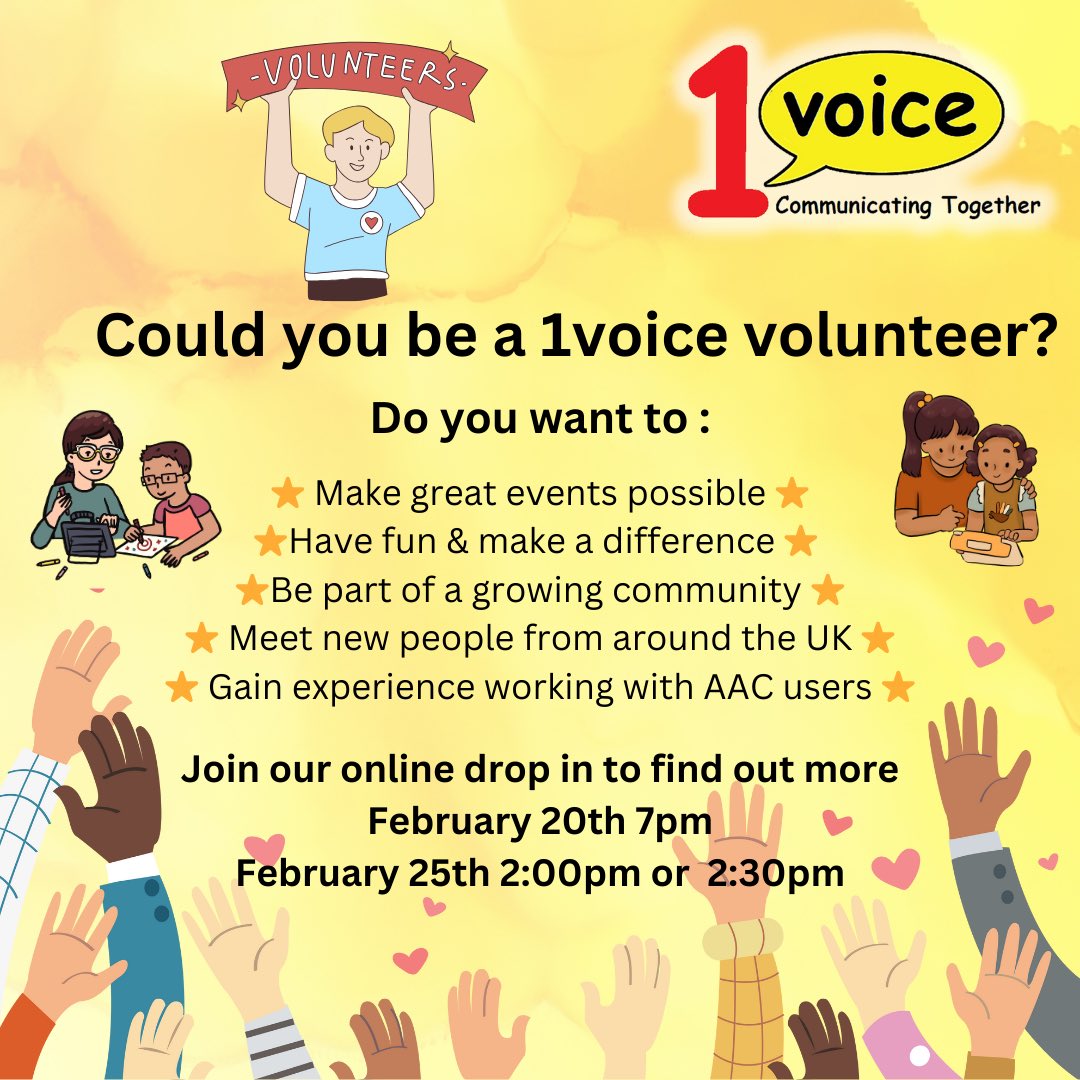 1Voice (@1voiceaac) on Twitter photo We are looking for some amazing new volunteers to join us, or for those who have before to rejoin! Email events@1voice.info for the joining links! #speechtherapy #slt #occupationaltherapy #1voice #1voiceaac #slt2be #communication #aac #aacslt #speechtherapy We are looking for some amazing new volunteers to join us, or for those who have before to rejoin! Email events@1voice.info for the joining links! #speechtherapy #slt #occupationaltherapy #1voice #1voiceaac #slt2be #communication #aac #aacslt #speechtherapy
