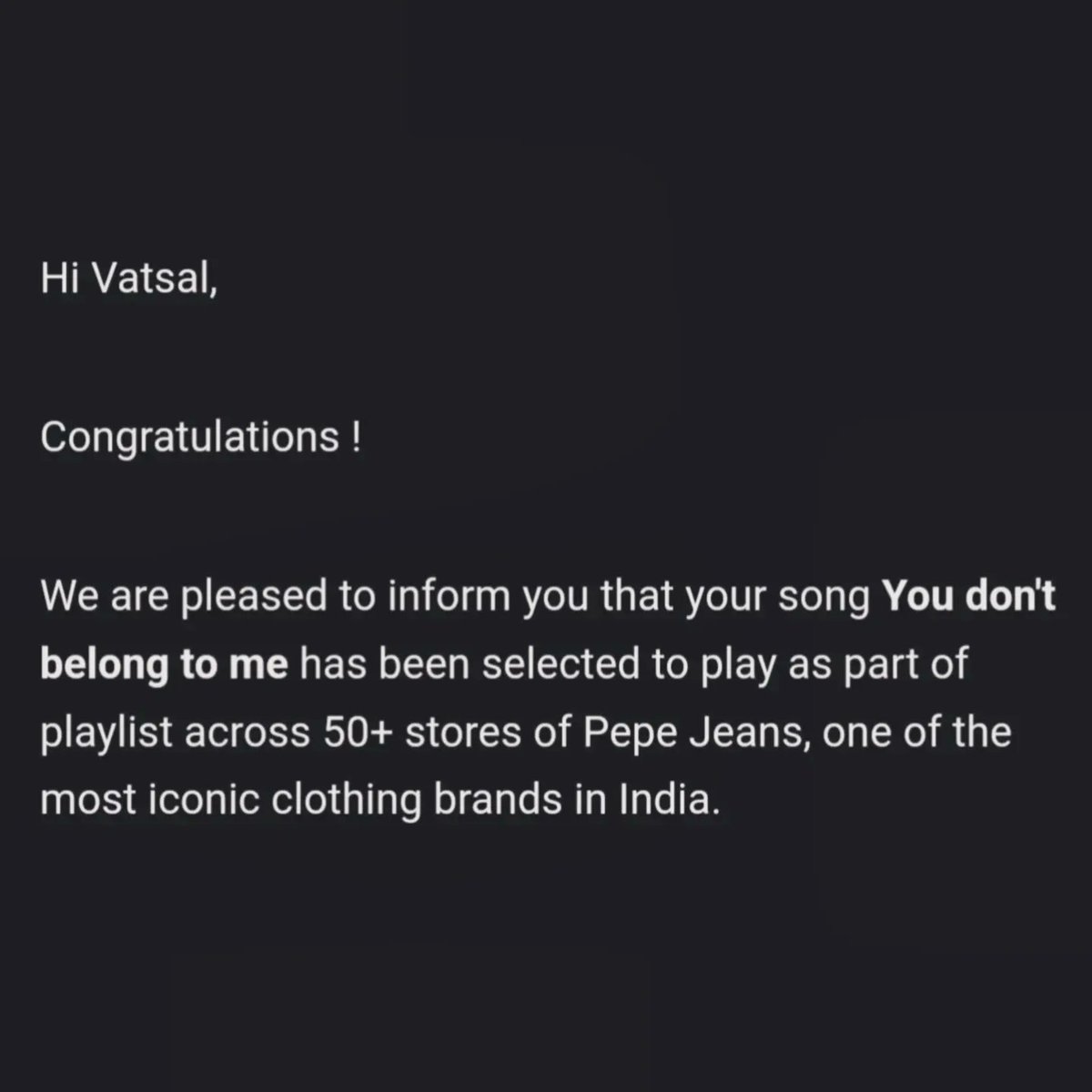 Excited to share that you don't belong to me is selected to play as a part of the playlist across 50+ stores of @pepejeansindia one of the most iconic clothing brands in India. 
Special thanks to @songdew for helping me get there!
#branddeal #pepejeans #pepejeansindia #pepejeans