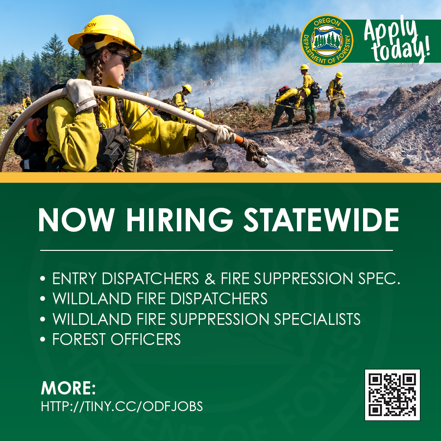 ORDeptForestry's tweet photo. Looking to start a career in wildland firefighting? ODF is hiring entry-level &amp; expereinced Wildland Fire Suppression Specialists, Wildland Fire Dispatchers, Forest Officers &amp; more at multiple locations statewide. See a full list of positions &amp; apply at: https://t.co/QACzC7Tv7X https://t.co/yk6RwI3BFn