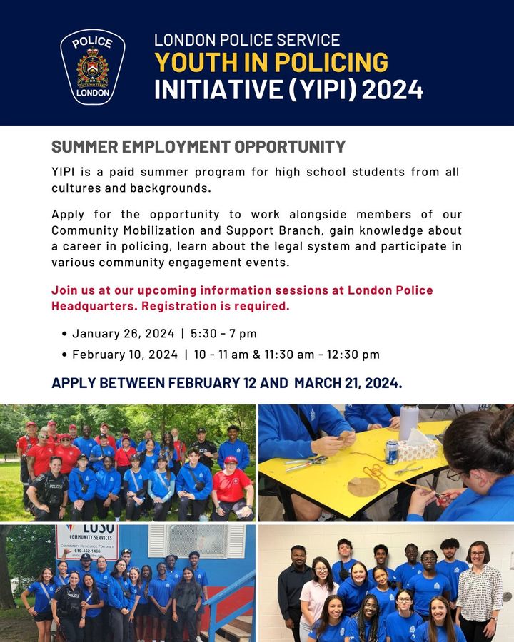 📣 Attention all London youth! Have you heard of the Youth in Policing Initiative (YIPI)? Join us for upcoming information sessions at London Police Headquarters on Jan 26 & Feb 10, 2024 to learn more about the summer internship. Register now: bit.ly/48Ulfe5