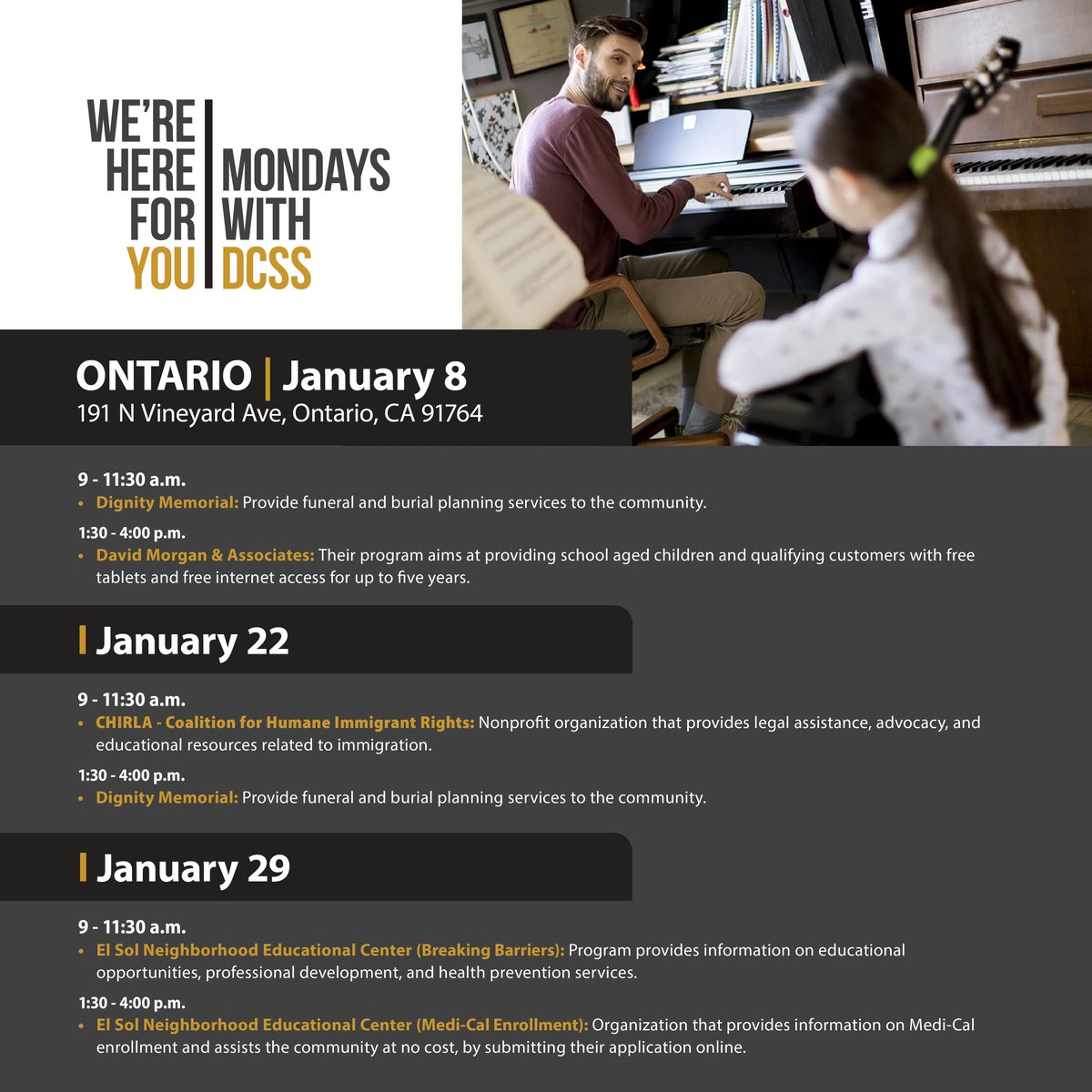 SBCoDCSS's tweet photo. Come and join us for Mondays with DCSS! Each location will have a community partner to help with the community's needs. #community #outreach https://t.co/VyquFyAVBv