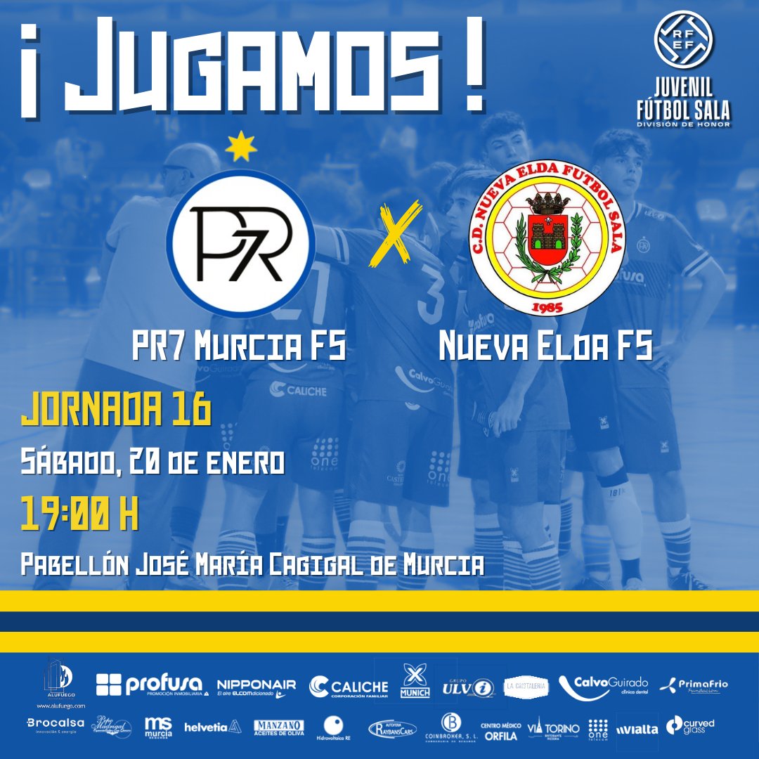 🔵 𝗝𝗨𝗩𝗘𝗡𝗜𝗟 𝗗𝗛 🔵 | "¡𝕁𝕌𝔾𝔸𝕄𝕆𝕊!"

𝗝𝗼𝗿𝗻𝗮𝗱𝗮 𝟭𝟲
🆚 <a href="/nuevaeldafutsal/">CD Nueva Elda FS</a> 
📆 Sábado, 𝟮𝟬 de enero
🕖 19:00 H
🏟 Pabellón José María Cagigal de Murcia

#SomosCantera #LaFamilia 💙