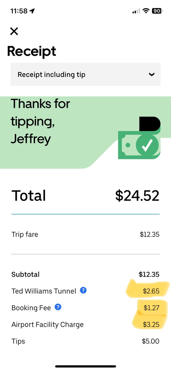 JeffMarsico's tweet photo. Dear @CFPB, here is a receipt from a recent @Uber trip which includes 29% of the total fee in junk fees. Right? #Banking #BankProfitability https://t.co/URfLEry7C9