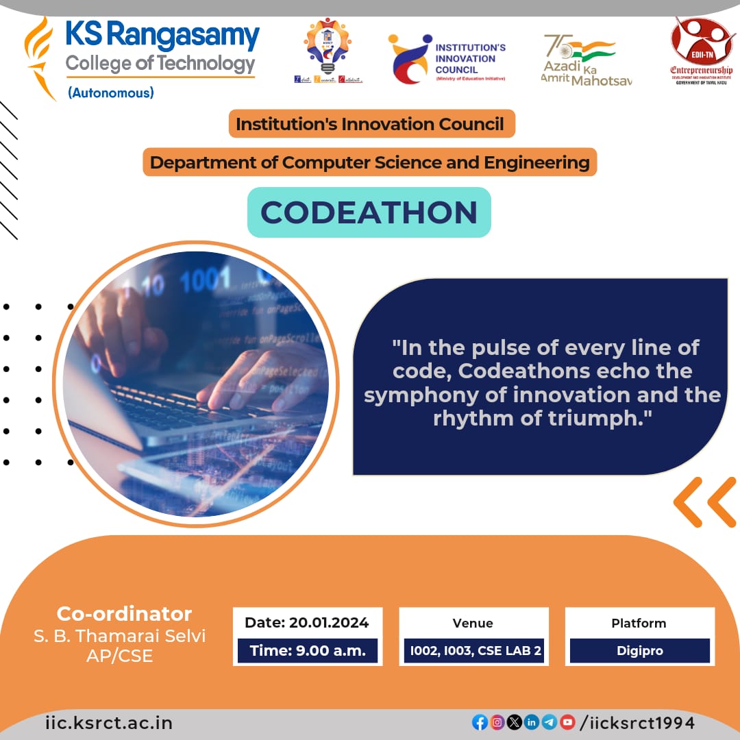 iicksrct1994's tweet image. &quot;Programmers never die. They are just cast into void&quot;.. 💬💻 #CodeDreams #ByteMeIfYouCan&quot;

IlC  and Department of Computer Science and Engineering of K S Rangasamy College of Technology Organizing &quot;CODEATHON&quot;.  

Save the date:
📅 20.01.2024
🕐 9.00 am 
📍 1002,1003,CSE LAB 2