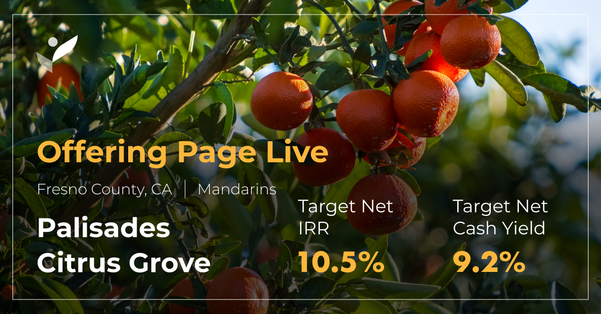 The offering page is now live for Palisades Citrus Grove: hubs.li/Q02h2mWV0 This deal is modeled as an 11-year hold with a target net IRR of 10.5%, target net cash yield of 9.2%, and a target multiple on invested capital of 2.3x.