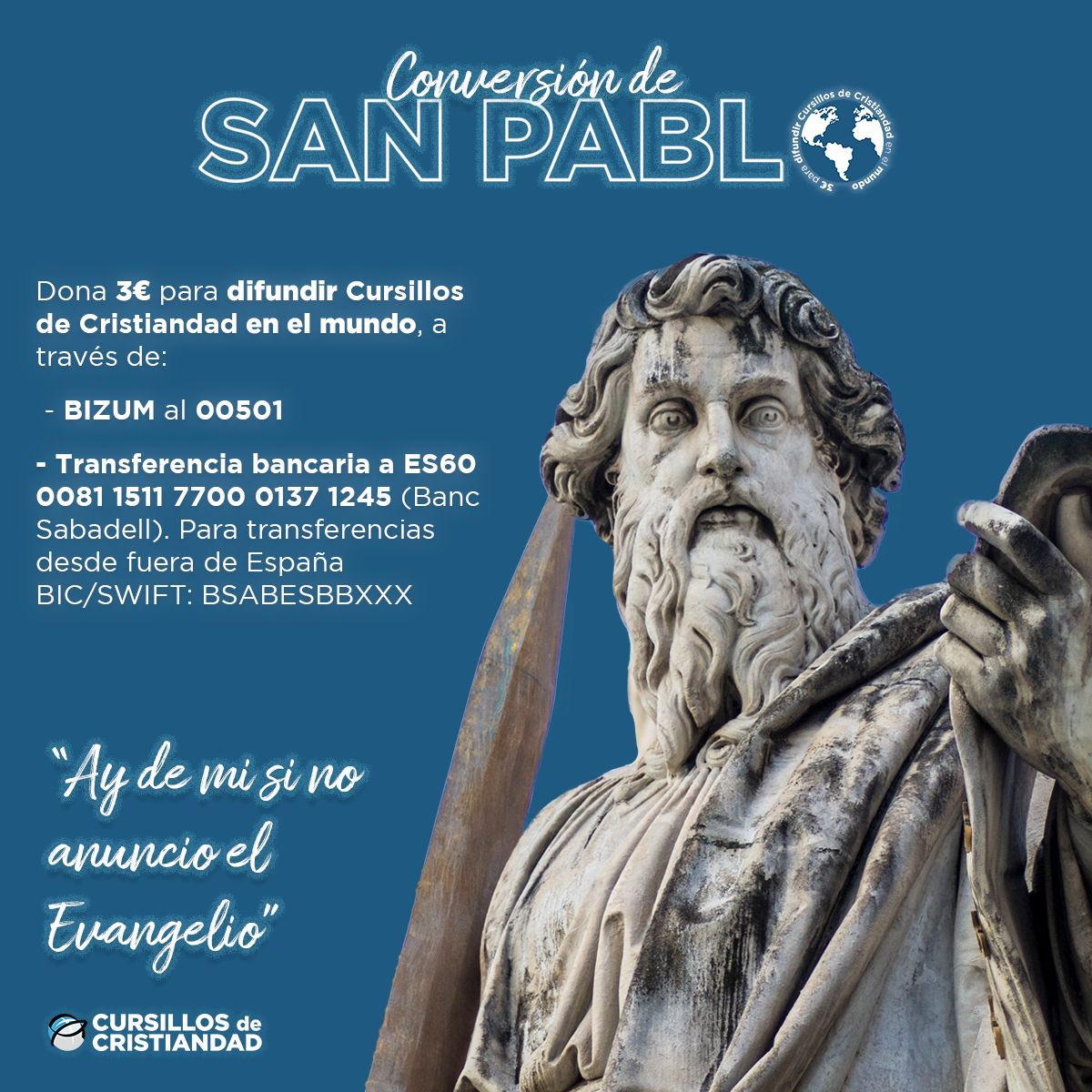 El próximo 25 de enero celebramos una de las fiesta más importantes para nuestra comunidad: La conversión de San Pablo. 

Desde el secretariado nacional nos animan a ser caritativos
