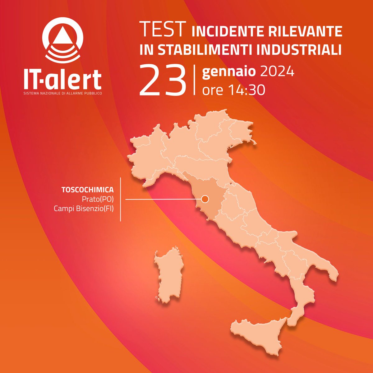 🔔 Il #23gennaio alle 14:30 un test #ITalert sul rischio incidente industriale
📲 I cellulari nell'area target riceveranno un messaggio di test
👉 Su it-alert.gov.it sarà presente il link al questionario e il testo della notifica che arriverebbe in caso di reale pericolo