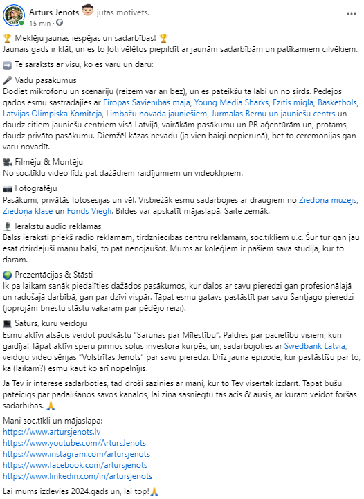 Meklēju jaunas iespējas un sadarbības! 
Soc.tīkli un mājaslapa:
artursjenots.lv
youtube.com/ArtursJenots
instagram.com/artursjenots
facebook.com/artursjenots
linkedin.com/in/artursjenots

#jaunsgads #jaunses