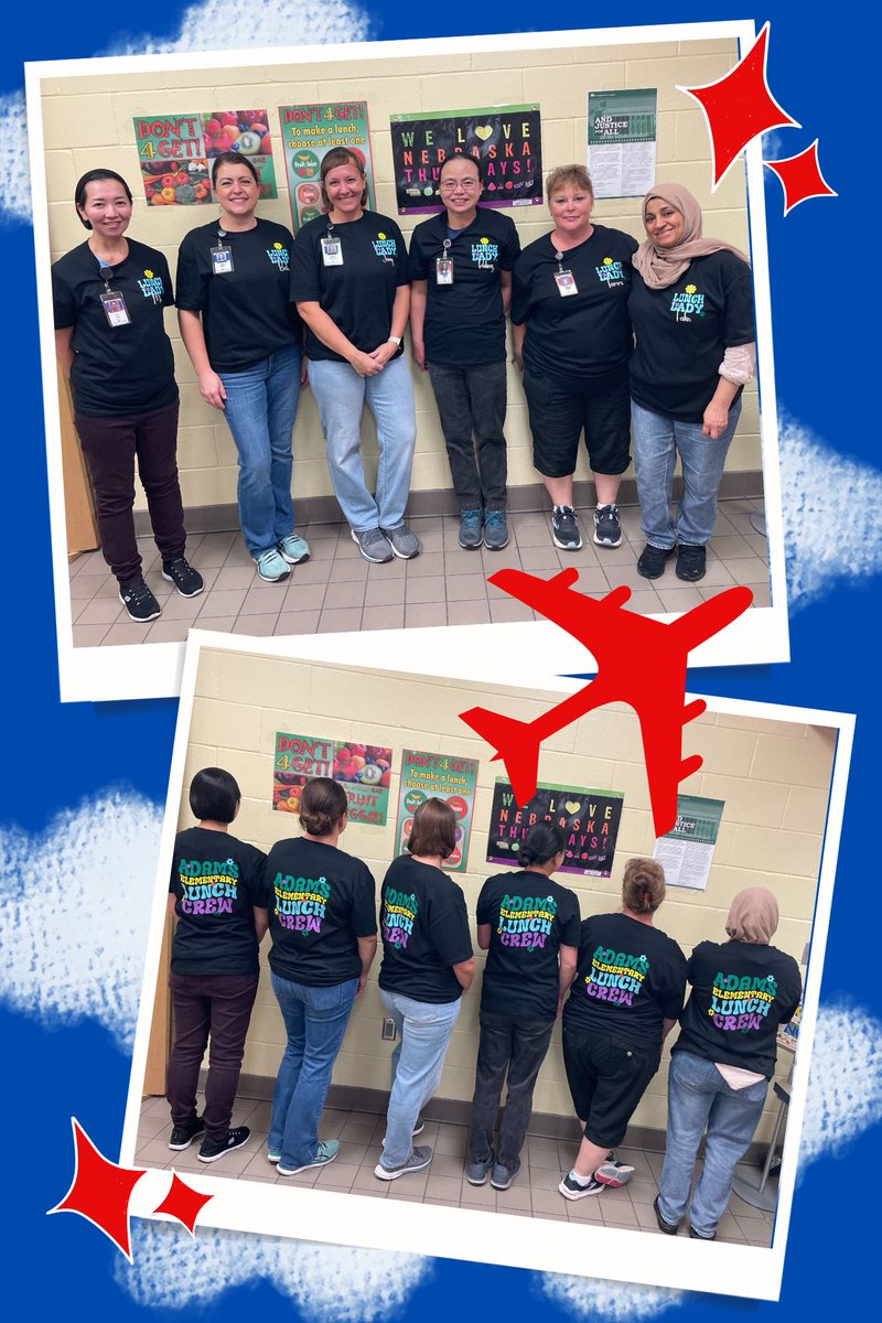 LPSMenus's tweet photo. Adams Elementary Cafeteria Staff with matching shirts and smiles galore! These Aviators are happy to serve you, and will see you soon. #welcometoourkitchen #greatmeals #itsaworkofheart #insidethefoodzone https://t.co/N5tGi5ZDbO