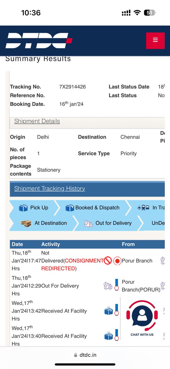 sdbalaji's tweet photo. @DTDCIndia Why is my order being held and not delivered? It has been two days since it said it was out fir delivery. This is an important package and i want it to be delivered soon. Frustrating and pathetic experience. The order is being held in Porur hub for no reason https://t.co/LM3Sq9cgaK