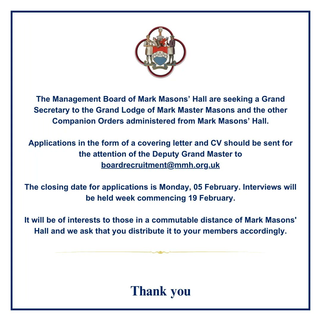 Exciting Opportunity at Mark Masons’ Hall! Join us as Grand Secretary – a unique role with hybrid working and travel. If you're a Masonic expert with senior-level business skills, we want you! Salary and benefits are negotiable. Apply now: drive.google.com/file/d/1-xOj7G…