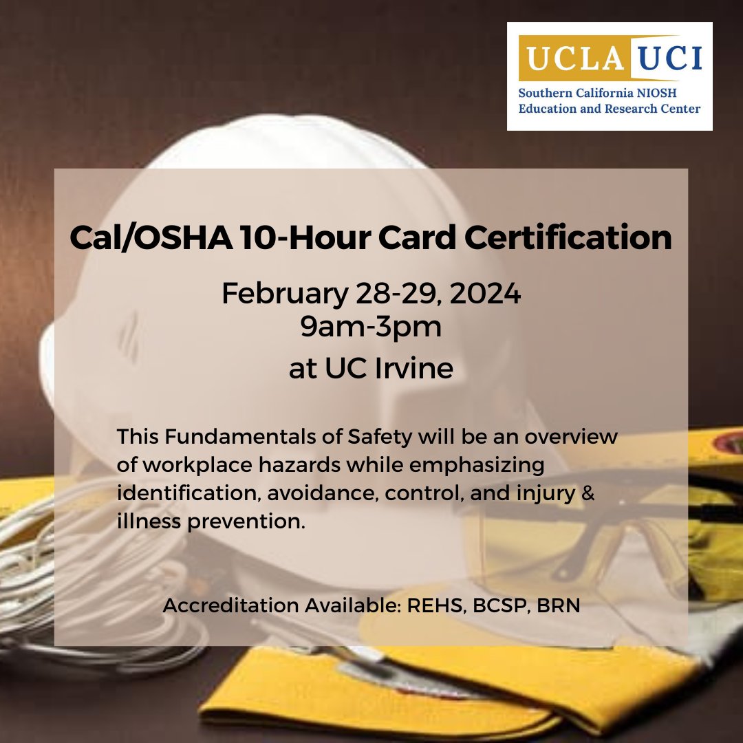SoCalERC's tweet photo. Register for our Cal/OSHA 10-Hour General Industry Card Certification in Irvine, CA!

We will go over the hazards that a worker may encounter while obtaining your certification.

Register: https://t.co/o7cSkVAbyA https://t.co/Wg264MSkK7