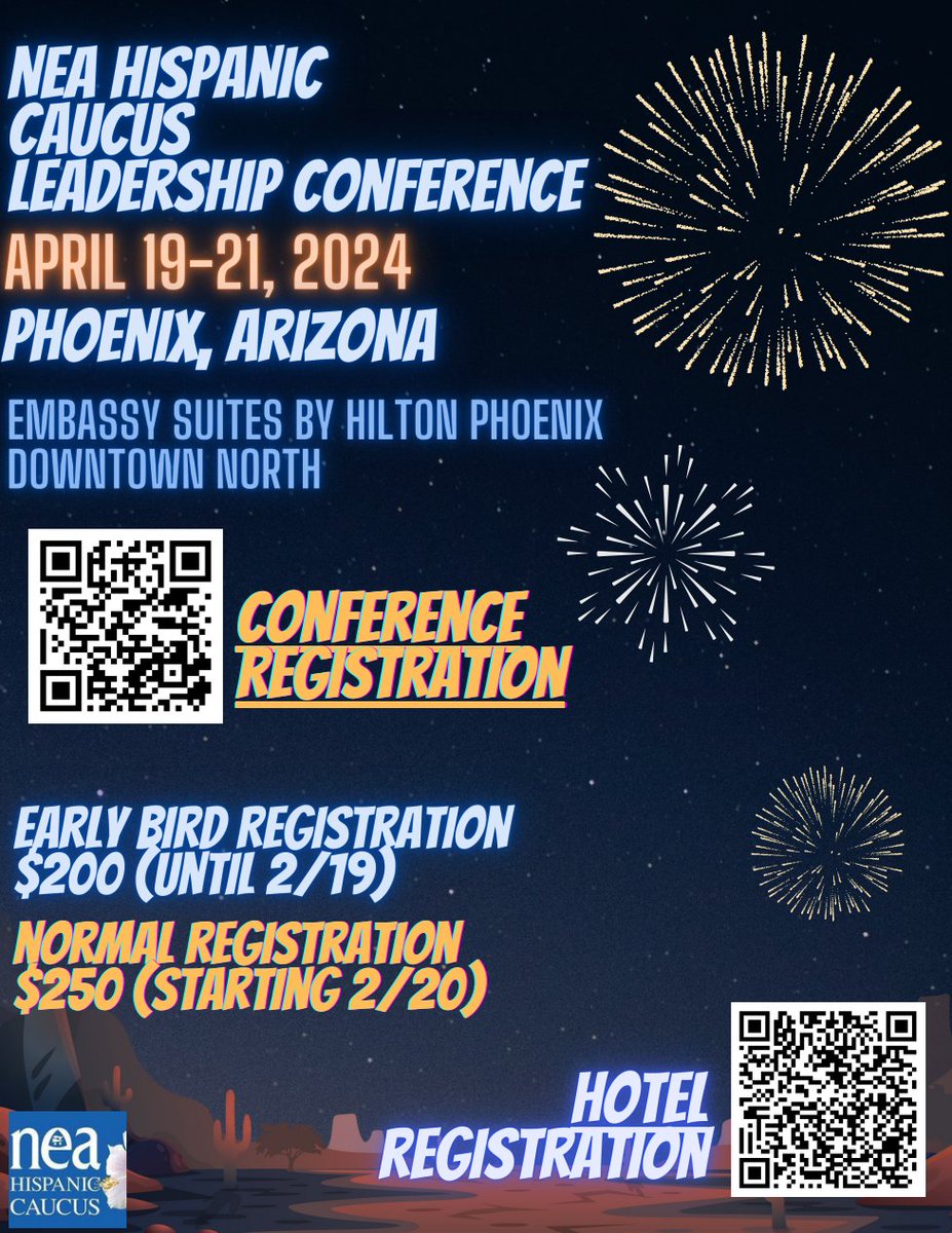📣It's time! Join us! 👇🏽

✅Conference registration site:
nea-hispanic-caucus.square.site

✅Hotel registration link:
hilton.com/en/attend-my-e…

#neahispaniccaucus #Arizona