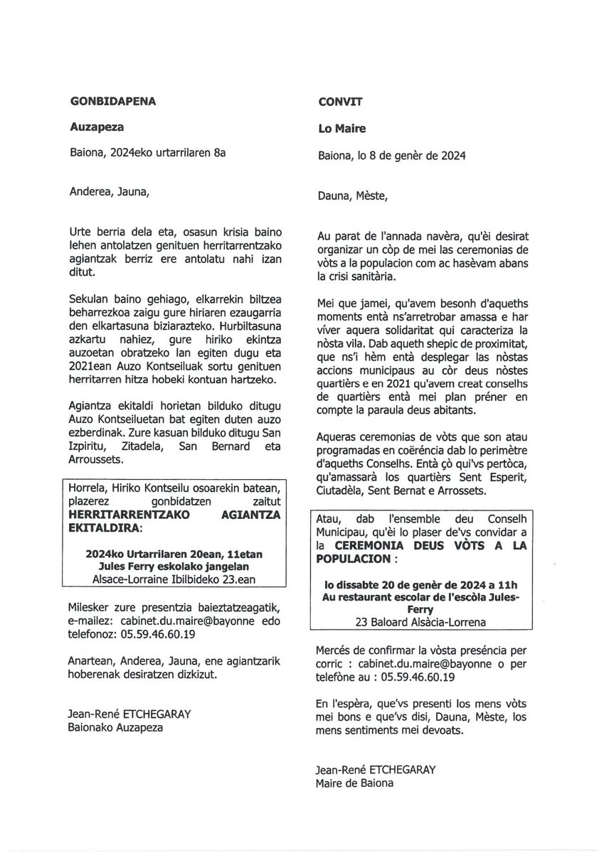 🗓 Voeux à la population - Invitation | La première des quatre cérémonies des voeux à la population de M. le Maire <a href="/JreneEtchegaray/">Jean-René Etchegaray</a> et des membres du Conseil Municipal aura lieu demain, samedi 20 janvier, à 11h, au restaurant scolaire de l'école Jules-Ferry.
Elle est destinée aux