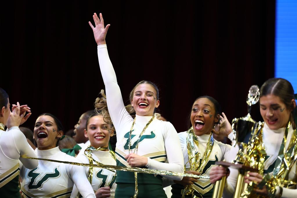 USouthFlorida's tweet photo. One more round of congratulations to our @USFAllGirlCheer team!🤘

Last weekend they claimed their second-straight national championship & became the first-ever DI program to win national titles in All Girl Game Day and All Girl Traditional competitions in the same year. 

We’re so proud of you, Bulls!🏆📣