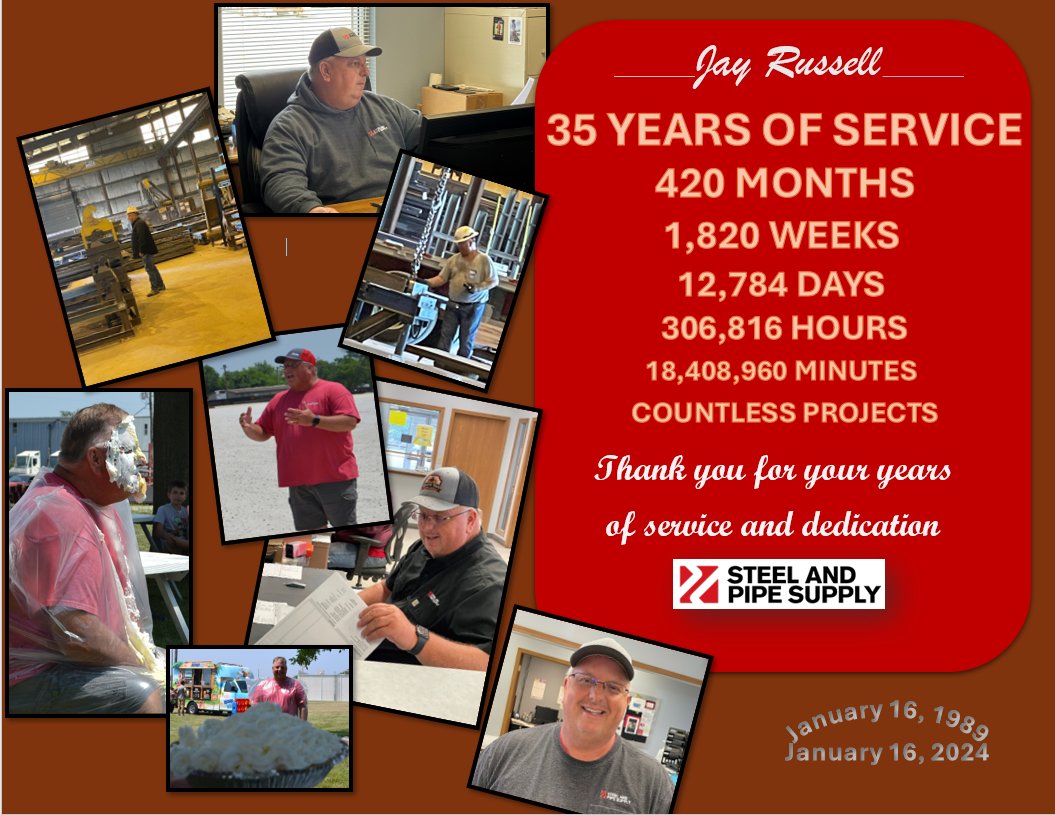 steelandpipe's tweet image. Help us congratulate Jay Russell for 35 years of service. Jay started as a Warehouse Specialist and worked his way up to Manager in Jonesburg, MO. Being injury free his whole career, safety is a top priority as a leader. Congrats Jay. We appreciate your service and leadership.